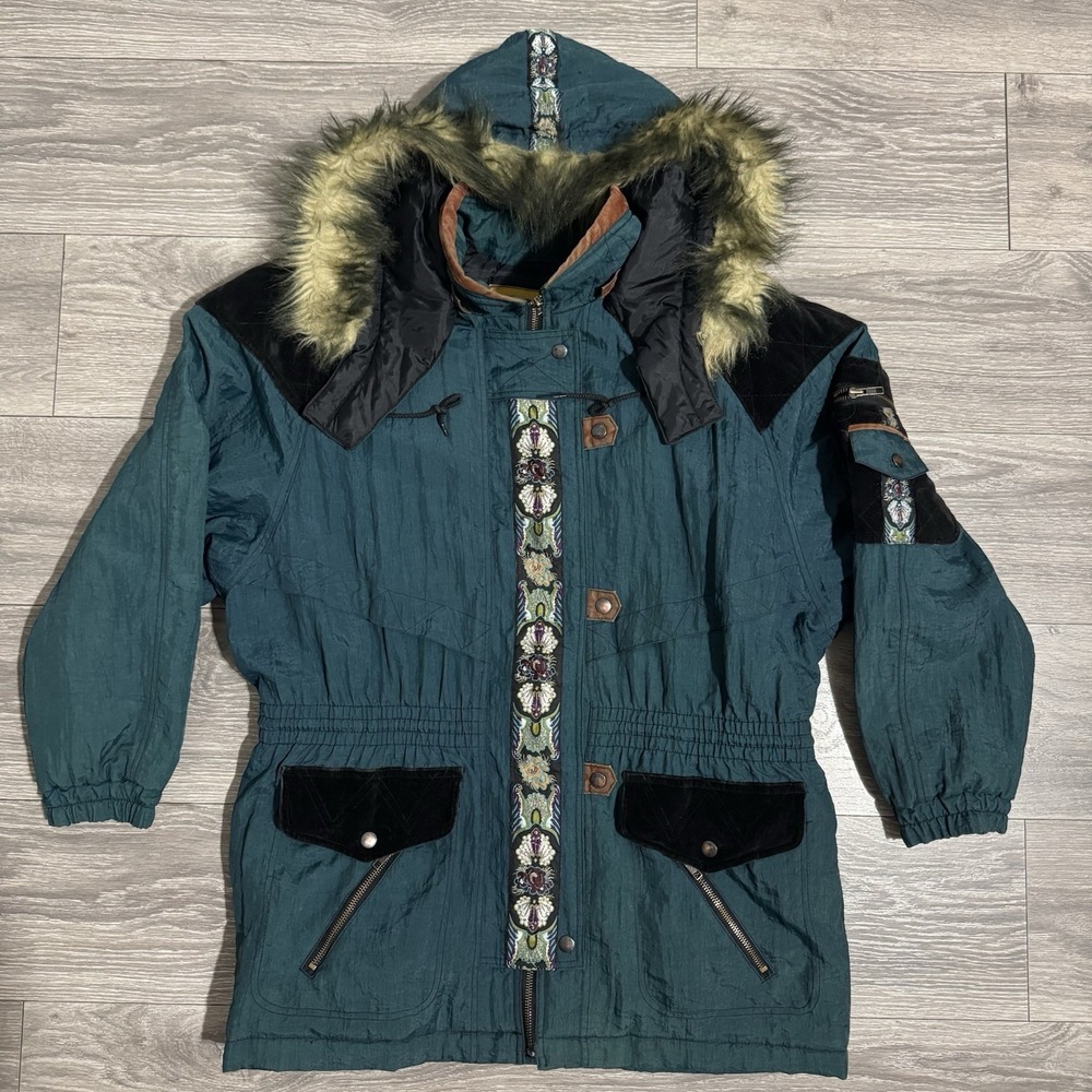 Vintage 80's Learsi Women M Green Hooded Velvet Accents Tribal Aztec Zip‎ Puffer